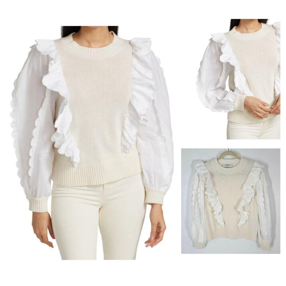 Sea New York Ruffle Combo Sweater Puff Sleeve Cream & White Women's Size Small